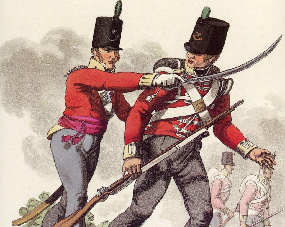 Sir John Moore's 52nd Regiment of Light Infantry carrying the browned-barrelled New Land pattern Brown Bess Musket. Reproduction of musket can be found here. Charles Hamilton Smith