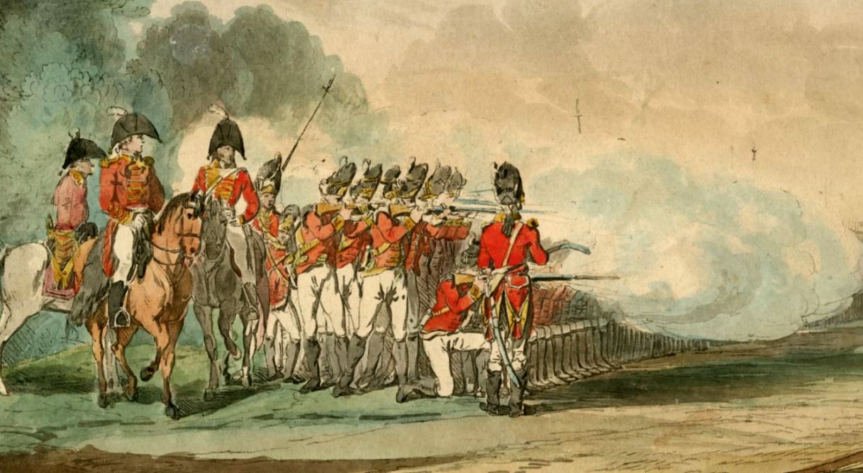 Field Day, 1808 by John Atkinson British Grenadiers firing volley with muskets