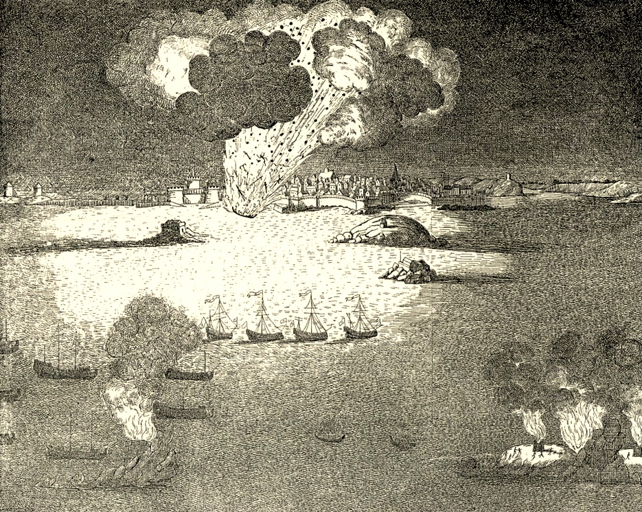 The Infernal Machine explodes (published 1694). Island buildings burn in the foreground. 