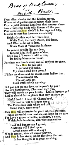 1683 Henry Purcell composed a popular song that came to be known as "Bess of Bedlam, or Mad Bess."