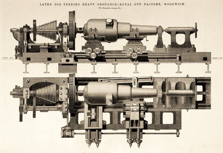 Barrel of a heavy Armstrong Gun being lathed in England.  1867.  The Huascar had Armstrong Guns with 10-inch muzzles.