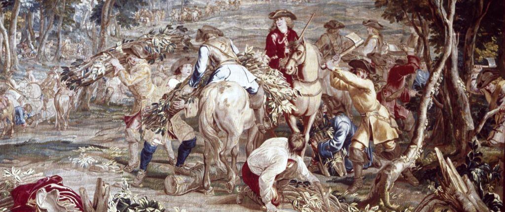 English and Allied troops constructing Fascines or bundles of brush.  Fascines were carried by the attacking force to use to bridge the ditches so as to better climb the Franco-Bavarian parapet defences. However many were prematurely used to traverse gullies carved by the previous day's heavy rain. (detail from Victoria & Albert Museum)