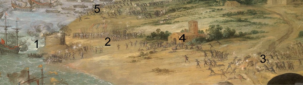 The Attack on Cadiz: 1.Battle for Puntal (size downplayed) with English troops landed  2. landing of the English army 3. Skirmishing near orange grove 4. English discover the wine  5. English leave. 
