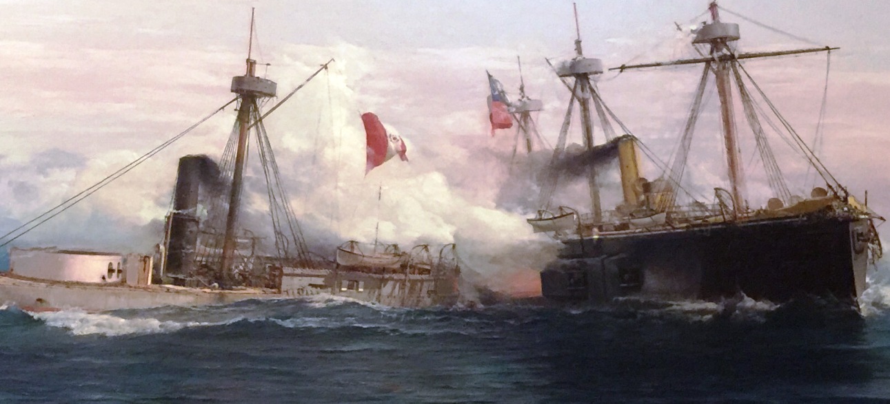 The Smaller Peruvian Ironclad Huascar receives a raking fire from the Chilean Ironclad Frigate Almirante Cochrane at the Battle of Angamos, 1879. 