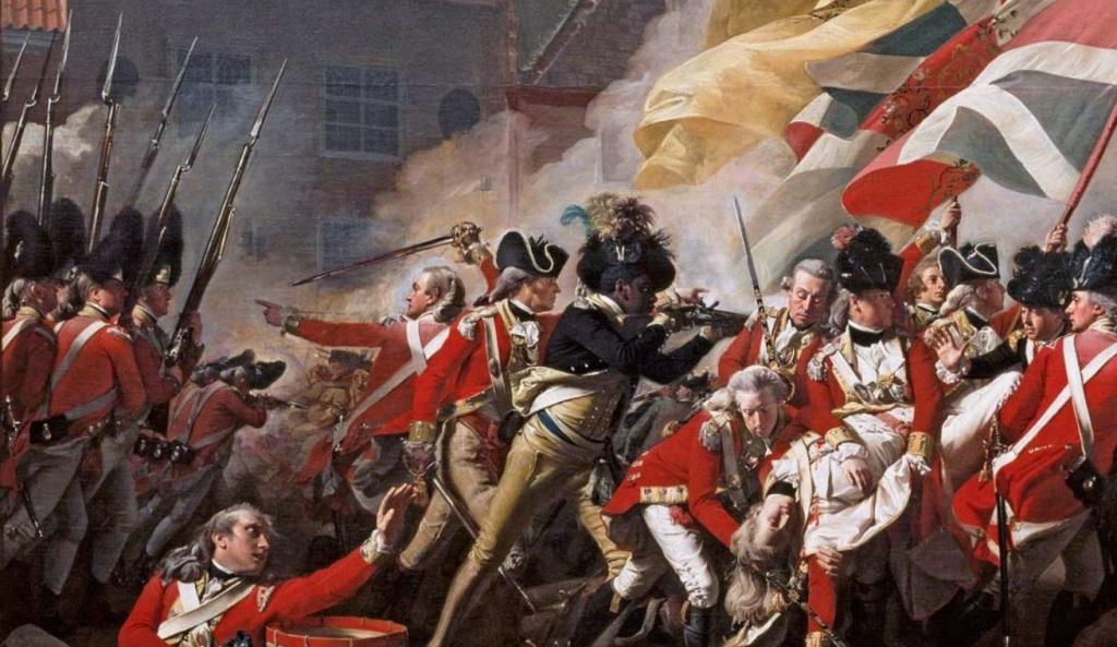Detail showing a British Grenadier Company with polished Short Land Brown Bess muskets. Reproduction of that musket found here.From The Death of Major Peirson, 1781 by John Singleton Copley (painted in 1783)