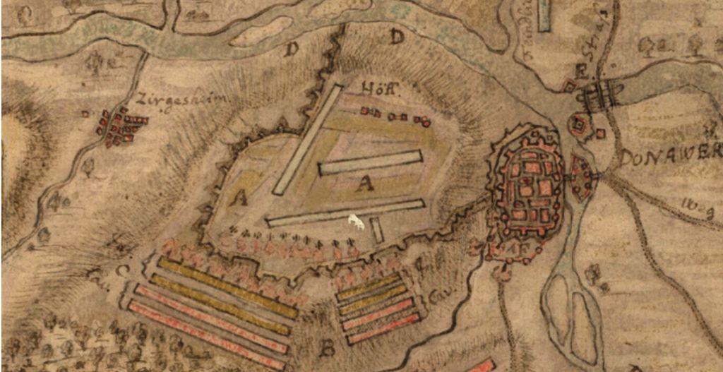 Detailed German map showing the various positions including the location of the pontoon bridge Schellenberg 1704