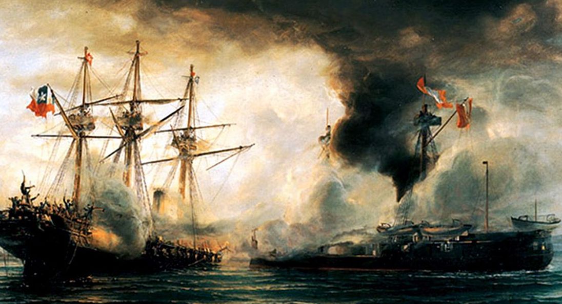 Black smoke rolling from its chimney, the Peruvian Ironclad Huascar reaches ramming speed as it closes on the Chilean Corvette, Esmeralda