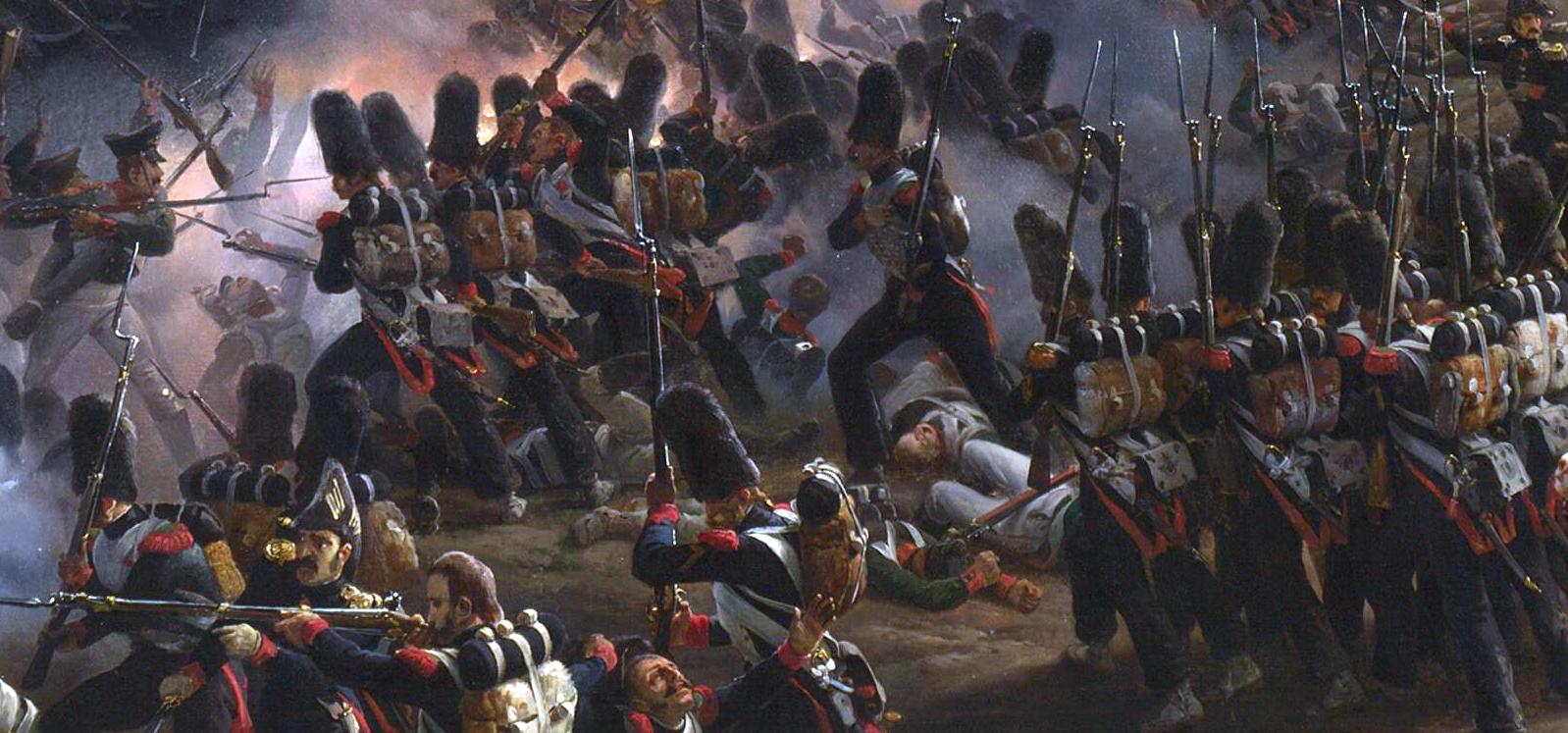 Napoleon's Imperial Guard with their muskets in 1814 fighting Russian troops using the almost identical musket  by Carle Vernet