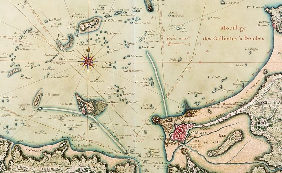 The navigation around Saint Malo. The tan areas are the sand bars that appear when the tide is out. The English needed to come in with the tide to get close enough to bomb Saint-Malo. 