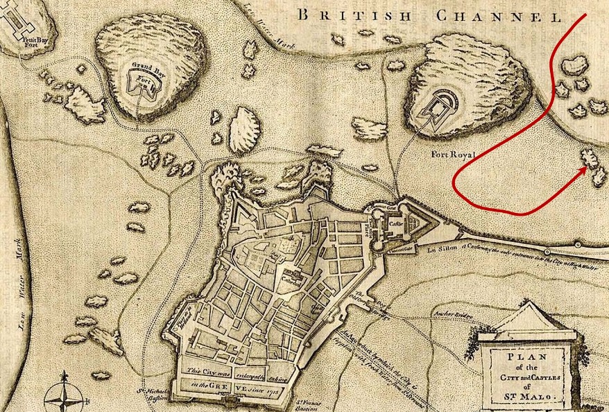 Path of the Infernal Machine showing the impact of the change in wind. French historians believe it was much further from the Saint Malo and became ground on what is called les Pierres aux Anglais (see other map). This distance seems too far to hurl the ship's heavy capstan into the city.