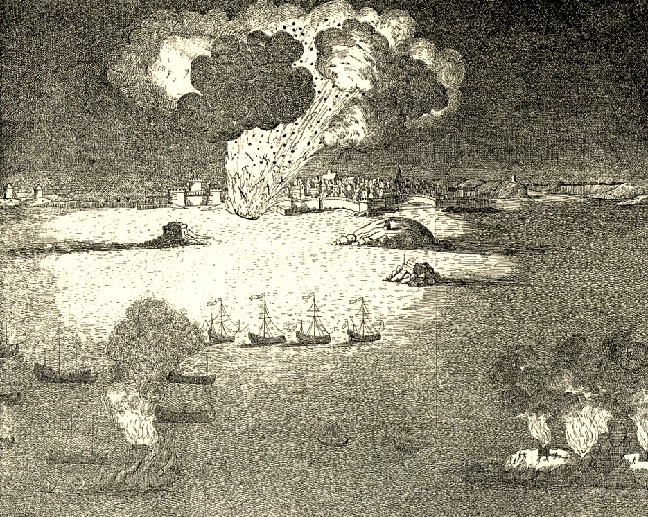 The Infernal Machine explodes (published 1694). Island buildings burn in the foreground.