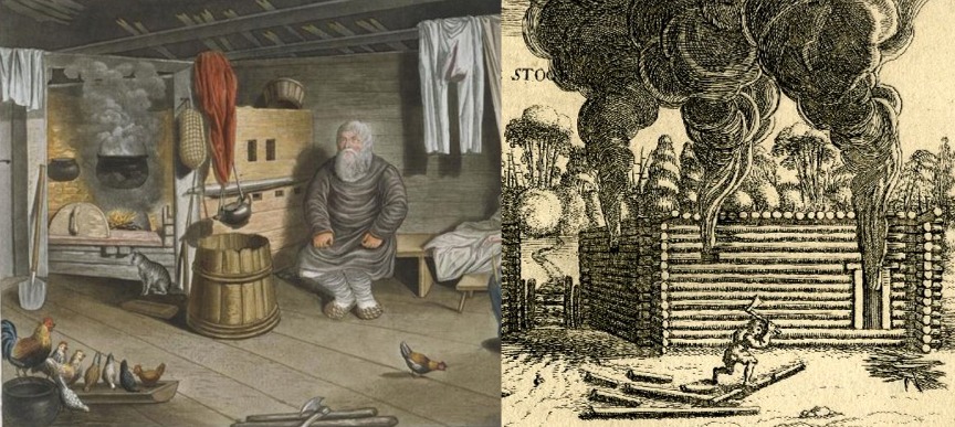 Left is a Russian inferior with fireplace (kurnaya). Right is a 17th century print illustrating how smoke escaped. 