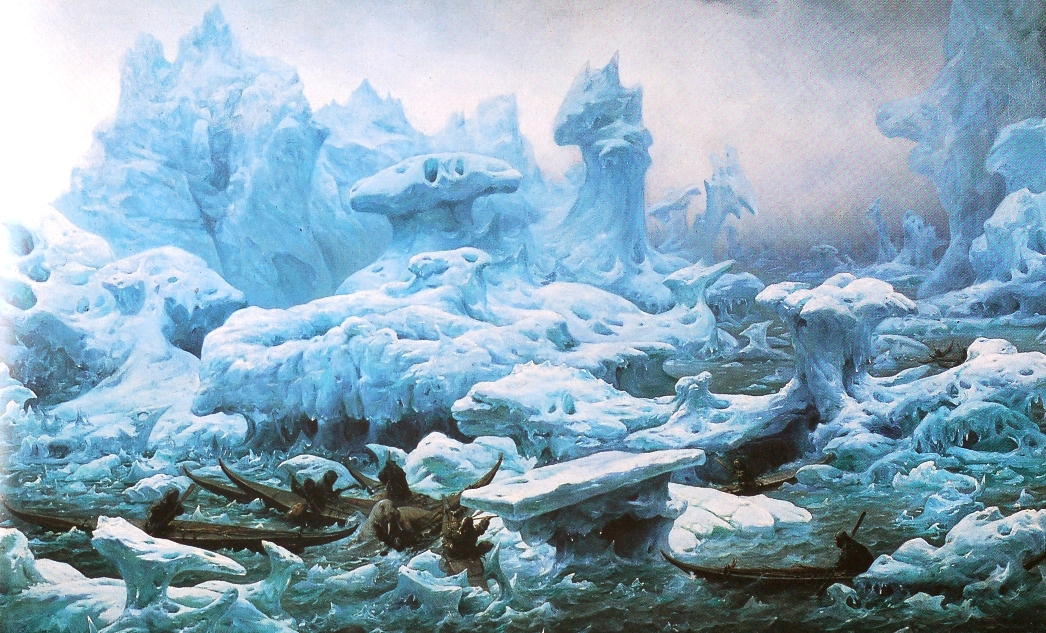 Greenland Inuit chasing Walrus on the dangerous ice flow by Francois Auguste Biard