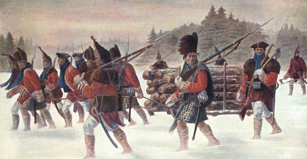 British Troops foraging for wood outside the walls of Quebec near Ste Foy in the winter of 1760 (by MacNaughton, pub. 1914)