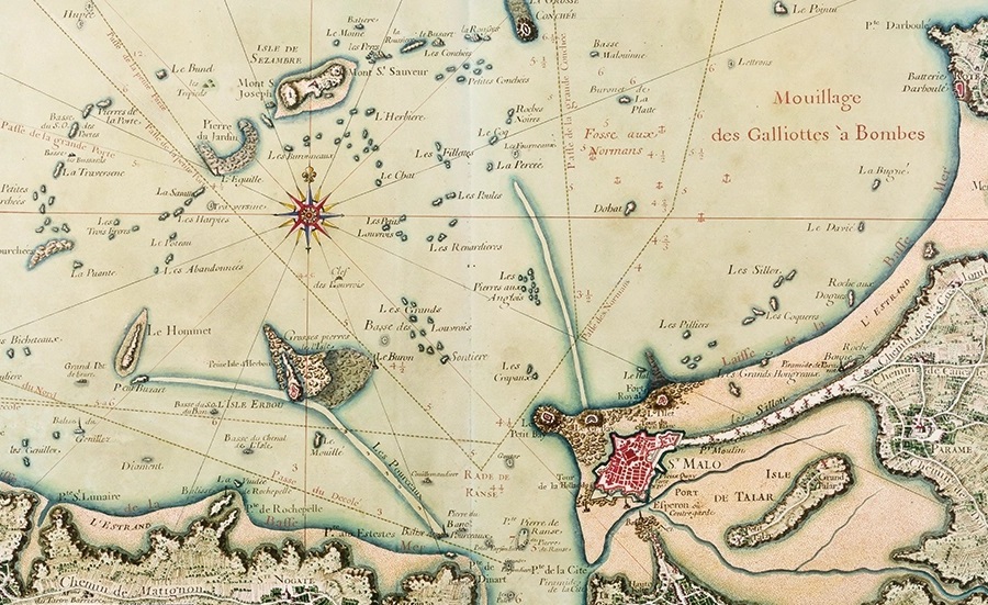 The navigation around Saint Malo. The tan areas are the sand bars that appear when the tide is out. The English needed to come in with the tide to get close enough to bomb Saint-Malo.